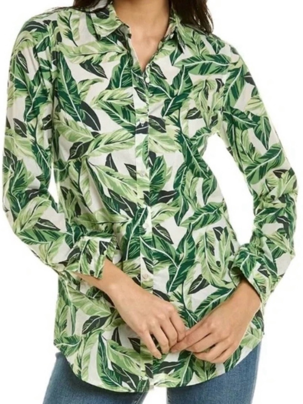 J. McLaughlin Lois Green Palm Frond Leaf-Print Button Down Shirt